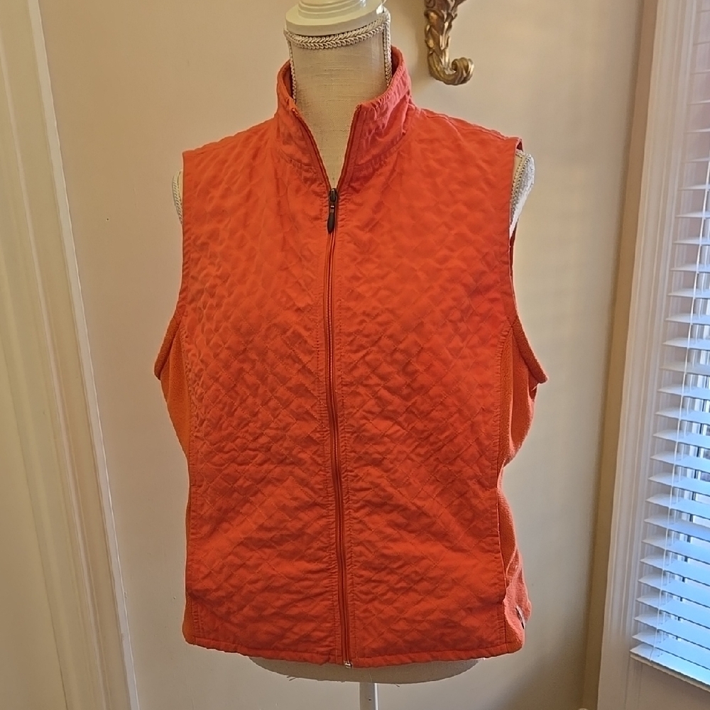 Columbia Coral Orange Quilted Vest FullZip Fleece Sides Standup Collar Large EUC